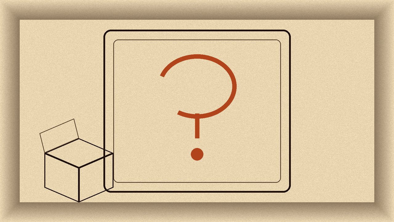 Stone tablet with a question mark beside an empty crate
